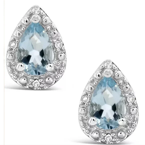 Aquamarine Gemstone and Diamond Accent Sterling Silver Stud Earrings - Picture 6 of 7